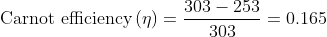 \textup{Carnot efficiency}\left ( \eta \right )=\frac{303-253}{303}=0.165
