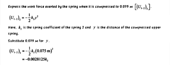 Express the work force exerted by the spring when it is compressed to 0.075 m [(4,-2)]. (U1-2); -- Ky Here, k, is the spring