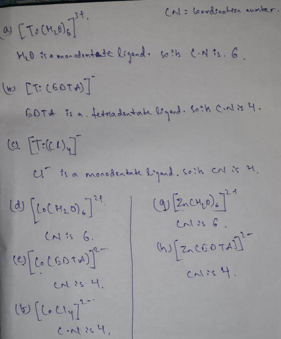 Cala Coordination number. aj (Tichol,7** Hel is a monodentante ligando so it c.Nis. 6. w [T: LEDTAI - BDTA is a. tetradentate