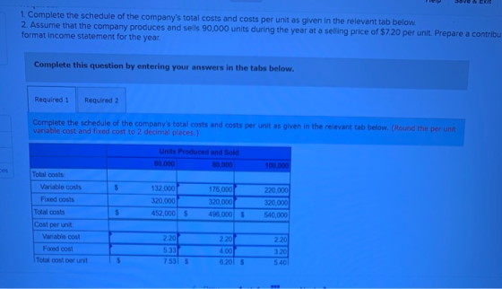 Teip SOVE & ERIE 1. Complete the schedule of the companys total costs and costs per unit as given in the relevant tab below