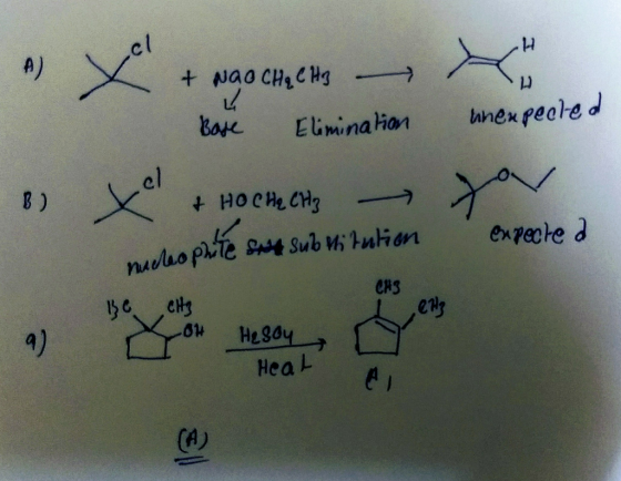 A) x + wao Cheets + NaO CH₂ CH3 Base Elimination unexpecled och H. & HOCHq CH3 Me subtitution expected nucleo CHS BG Clts OW