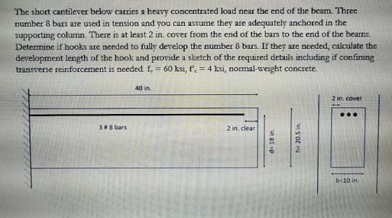 The short cantilever below carries a heavy concentrated load near the end of the beam. Three number 8 bars are used in tensio