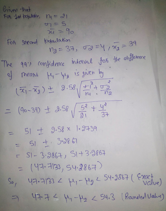 = 3.9 Given that For Ist population, n = 21 = 5 u = 90 for sercond kodulation ng= 37, T2 = 4,8g The 99% confidence interval f