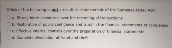 Which of the following is not a result or characteristic of the Sarbanes- Oxley Act? a. Strong internal controls over the rec