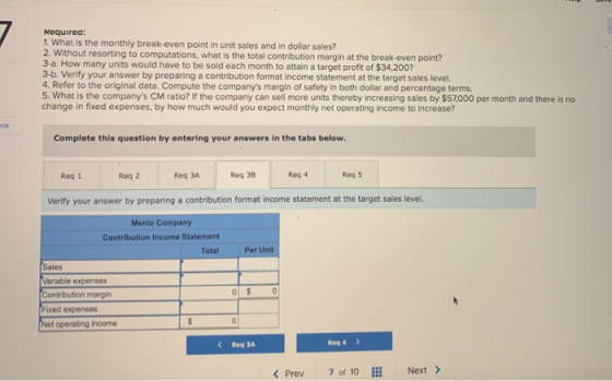 Required: 1. What is the monthly break-even point in unit sales and in dollar sales? 2. Without resorting to computations, wh