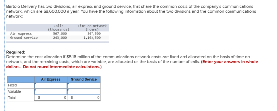 Bartolo Delivery has two divisions, air express and ground service, that share the common costs of the companys communicatio
