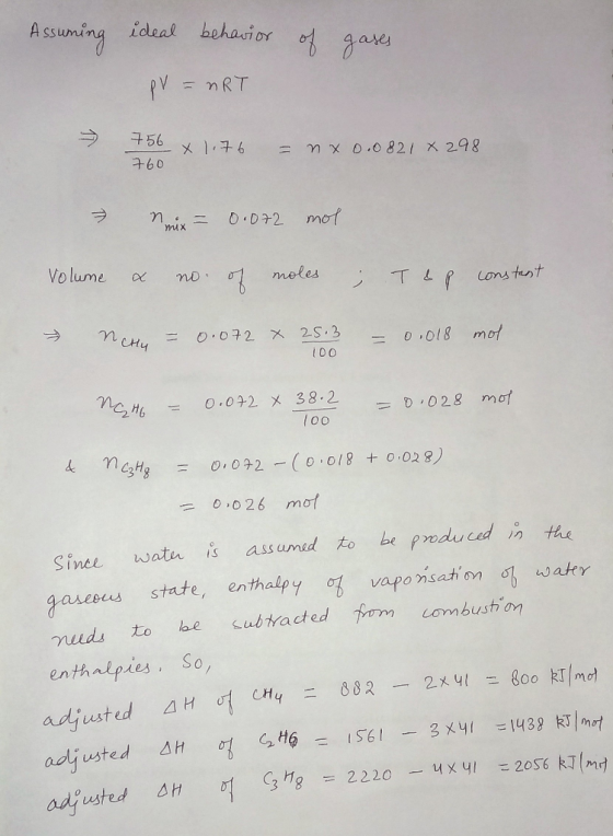 Assuming ideal behavior of gases PV = nRT 756 x 1.76 760 = nx0.0821 x 298 mix = 0.072 mot Volume & no. of moles ; Tep constan
