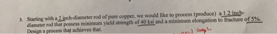 3. Starting with a 2 inch-diameter rod of pure copper, we would like to process (produce) a 1.2 inch- diameter rod that possess minimum yield strength of 40 ksi and a minimum elongation to fracture of 5% Design a process that achieves that.