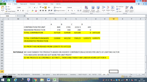 Home nert Page Layout Formulas Data Review View dd-Ins Cut Σ AutoSum ー E ゴWrap Text ta copy. в 1 프 . Ej-., Δ. : rーー 逻锂函Merge & Center. $, % , 弼,8 C Conditional Format CeInsert Delete Format Formatting, as Table w styles. ▼ ㆆ ▼ Sort &Find & 2 ClearFe Select Edting Format Painter Clipboard Alignment Number Cells 50 51 52 53 54 CONTRIBUTION PER UNIT MAXIMUM PRODUCTION TOTAL CONTRIBUTION 1765 2232.5 280 317520 529500 625100 840 445 378 300 0 1472120 56 57 58 59 60 61 62 63 64 65 TOTAL CONTRIBUTION BASED ON BUDGETED PRODUCTION 210000 441250 558125 1209375 1209375 SO PROFIT HAS INCREASED FROM 1209375 TO 1472120 RATIONALE WE HAVE RANKED THE PRODUCTS BASED ON HIGHEST CONTRIBUTION ACHIEVED PER UNITS OF LIMITING FACTOR THIS INDICATES WHERE WE GOT MORE PER UNIT PROFIT SO WE PRODUCE ACCORDINGLY. SO FIRST C, THEN B AND THEN IF ANY LABOUR HOURS LEFT FOR A 67 | MDURATION MULTIPLE GROWTH RR-NR-BOND . .. loan 0 CRDIT POLICY (KE /RATIO / CCA 1 CVP 08-01-2019