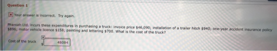 Question 1 x Your answer is incorrect. Try again. Pharoah Ltd, Incurs these expenditures in purchasing a truck: invoice price