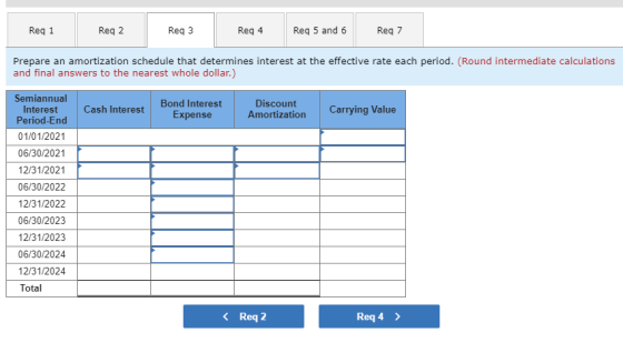 Req 1 Reg 2 Reg 3 Reg 4 Req 5 and 6 Reg 7 Prepare an amortization schedule that determines interest at the effective rate eac