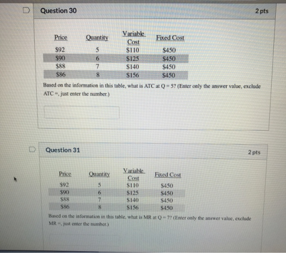 D Question 30 2 pts Variable Price Fixed Cost $450 Quantity Cost $92 $110 $90 $125 $450 $88 $140 $450 $86 $156 $450 Based on