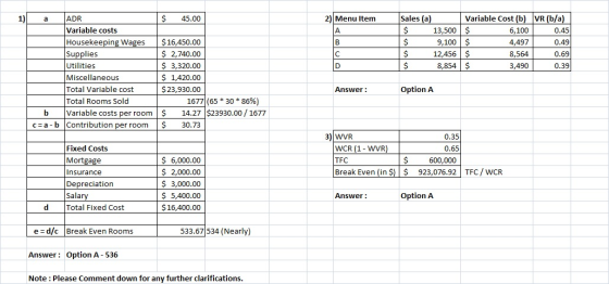 1) $ 45.00 2) Menu Item A | В Sales (a) Variable Cost (b) VR (b/a) $ 13,500 $ 6,100 0.45 $ 9,100 $ 4,497 0.49 $ 12,456$ 8,564