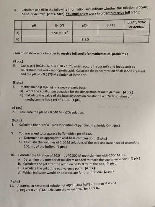 Calculate and fill in the following information and indicate whether the solution is acidic, 4 basic, or neutral. (2 pts. eac