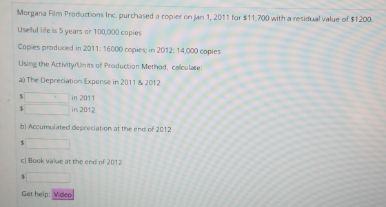 Morgana Film Productions Inc. purchased a copier on Jan 1, 2011 for $11,700 with a residual value of $1200. Useful life is 5