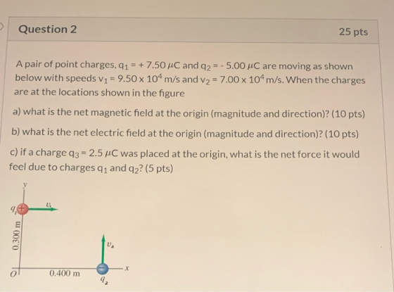 Question 2 25 pts A pair of point charges, 91 = +7.50 C and q2 = -5.00 uC are moving as shown below with speeds v1 = 9.50 x 1