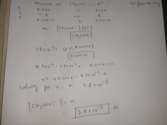 CH₂ coor 0.250 Tnt from HL= 0.12] CH₂coo- + H+ 0.120 Hur n 0.250x ~ 0.1207n ka = [(13100-1 [ut] [Chycoon 1.8x10-s - (n)(0.12o
