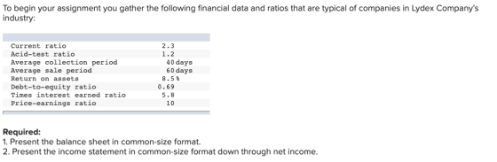To begin your assignment you gather the following financial data and ratios that are typical of companies in Lydex Companys
