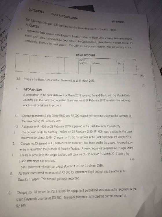 QUESTION 3 BANK RECONCILIATION (20 MARKS) a t was extracted from the accounting records of Swanky Traders 3.1 Ota ALE The fol
