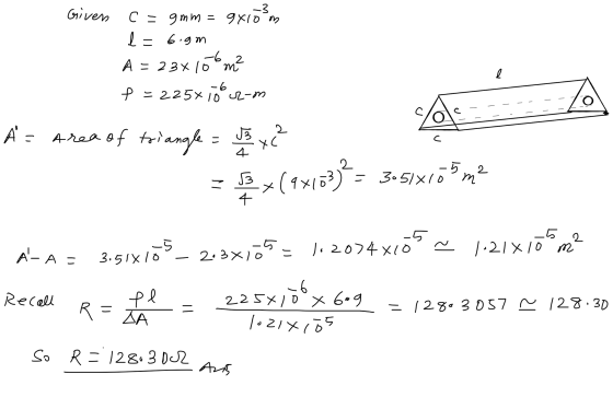 Givens -3 9810 on C = 9mm = le 6.gm roma e A = 23 x 10 m -6 f = 225x10 crom O Å - Area of triangle = 5 x ² С A - 2x (4x153*=