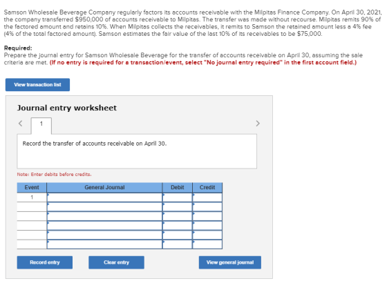 Samson Wholesale Beverage Company regularly factors its accounts receivable with the Milpitas Finance Company. On April 30, 2