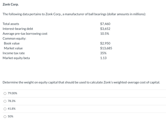 Zonk Corp. The following data pertains to Zonk Corp., a manufacturer of ball bearings (dollar amounts in millions): $7,460 $3