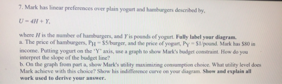 7. Mark has linear preferences over plain yogurt and hamburgers described by, U = 4H+ Y, where H is the number of hamburgers,