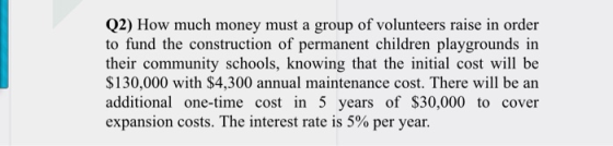 Q2) How much money must a group of volunteers raise in order to fund the construction of permanent children playgrounds in th