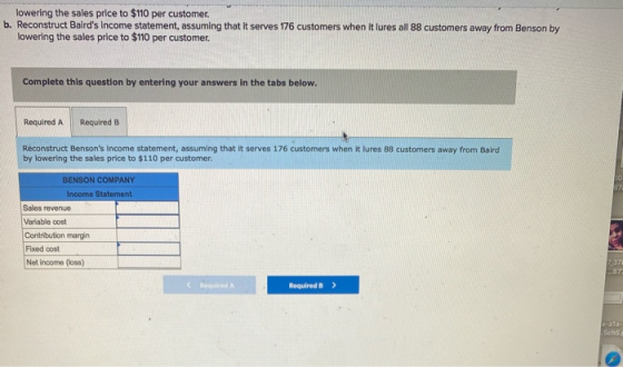 lowering the sales price to $110 per customer. b. Reconstruct Balrds Income statement, assuming that it serves 176 customers