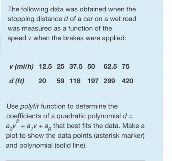 The following data was obtained when the stopping distance d of a car on a wet road was measured as a function of the speed v when the brakes were applied: v (mi/h) 12.5 25 37.5 50 62.5 75 d (ft) 20 59 118 197 299 420 Use polyfit function to determine the coefficients of a quadratic polynomial d a v a v a that best fits the data. Make a plot to show the data points (asterisk marker) and polynomial (solid line