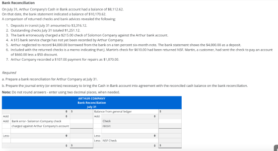 Bank Reconciliation On July 31, Arthur Companys Cash in Bank account had a balance of $8,112.62. On that date, the bank stat