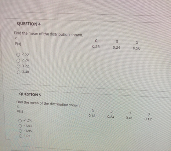 QUESTION 4 Find the mean of the distribution shown. Х P(x) 0 0.26 5 3 0.24 0.50 2.50 2.24 3.22 3.48 QUESTION 5 Find the mean