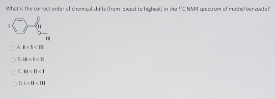 What is the correct order of chemical shifts (from lowest to highest) in the 13C NMR spectrum of methyl benzoate? O A. II<I<