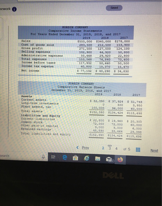 Saved mework KORBIN COMPANY Comparative Income Statements For Years Ended December 31, 2019, 2018, and 2017 2019 2018 2017 Sa