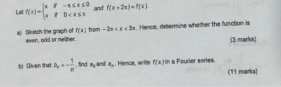 a) Skatch the graph of f(x) from -2n <x <3x. Hence, determine whether the function is even, odd or neither (3 marks) b) Gihen