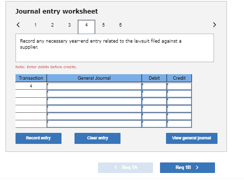 Journal entry worksheet Record any necessary year-end entry related to the lawsuit filed against a supplier Note: Enter debit