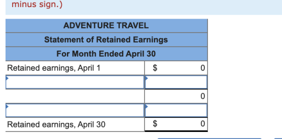 minus sign.) ADVENTURE TRAVEL Statement of Retained Earnings For Month Ended April 30 Retained earnings, April 1 Retained ear