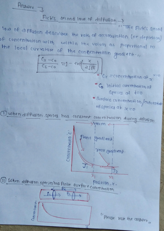 Answes Ficks second laua of diffusion--> u of ch Ffuson descobea the rake of accumulaHon (or cleplei on) of concentaHon uoir uslthin the volum as Proportional to the local curvature of the coneentreHon adi ent CS-Co t-o Species Surface concentct on/concentr ① when diffusions ecieg has constant. con nhaHon du in tifteon X2 nWedpPusron spec ies has hinit curfac e Concmbafion posi Hon.x, Pleaje rie he anwey,