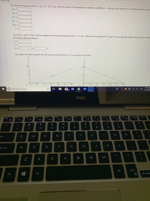 (b) Verify the given sums x, ty, zx, L, Lxy, and the valiue of the sample correlation cofefficent r.(Round your vaue for r to