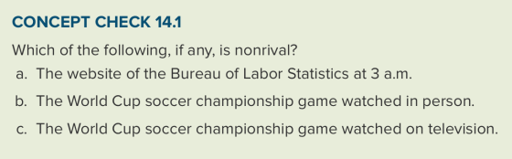 CONCEPT CHECK 14.1 Which of the following, if any, is nonrival? a. The website of the Bureau of Labor Statistics at 3 a.m. b.