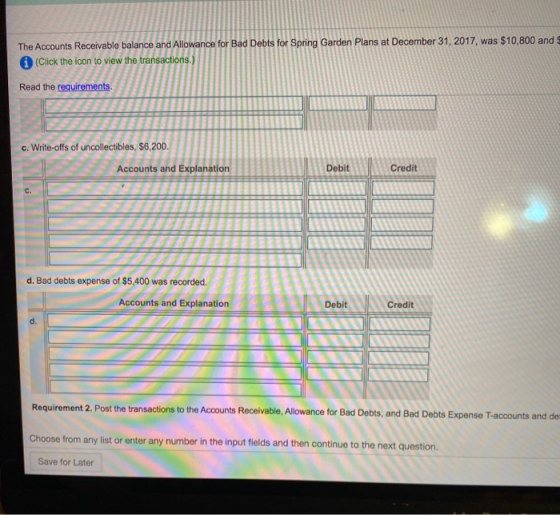 The Accounts Receivable balance and Allowance for Bad Debts for Spring Garden Plans at December 31, 2017, was $10,800 and (Cl