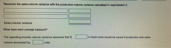 Reconcile the sales volume variance with the production-volume variance calculated in requirement 2. Sales-volume variance Wh