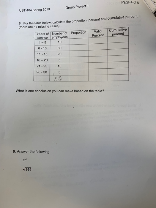 Page 4 of 5 UST 404 Spring 2019 Group Project 1 8. Fo (there are no missing cases) r the table below, calculate the proportion, percent and cumulative percent. Years of Number of Proportion Valid Cumulative service employees Percent ercent 6- 10 30 11 -15 16-20 21-25 15 26- 30 20 What is one conclusion you can make based on the table? 9. Answer the following 54 /144