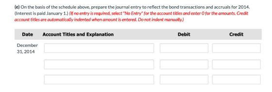 (e) On the basis of the schedule above, prepare the journal entry to reflect the bond transactions and accruals for 2014. (In
