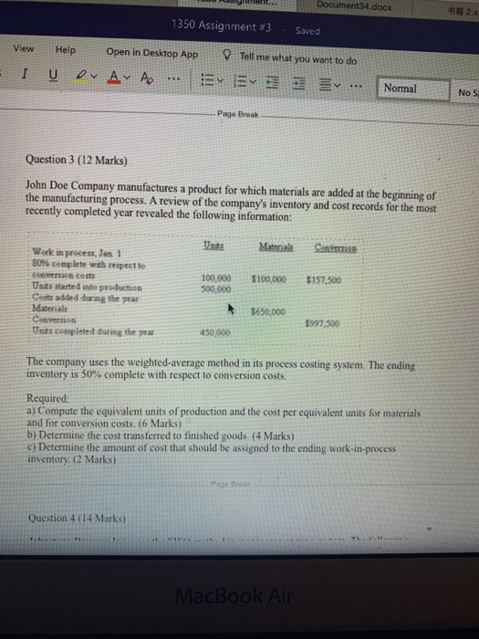 Document34.docx 458 23 1350 Assignment #3 - Saved View I Help Open in Desktop App Tell me what you want to do U OV A Evv ..