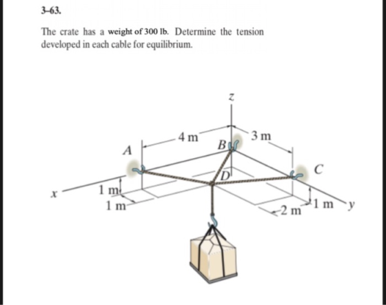 3-63. The crate has a weight of 300 lb. Determine the tension developed in each cable for equilibrium. 4 m 1 I 1 m
