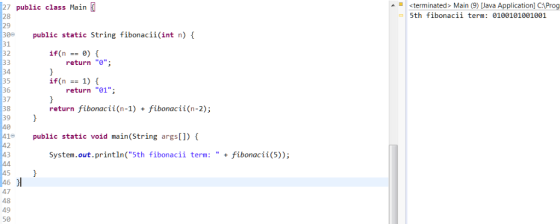 27 public class Main 28 29 <terminated> Main (9) [Java Application] C:\Prog 5th fibonacii term: 0100101001001 300 public stat