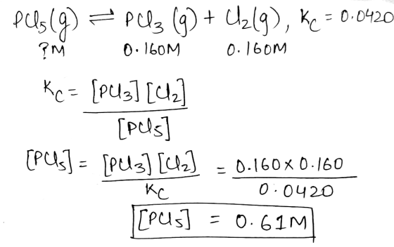PUs (9) PU3 (9) + C₂(9), Kc = 0.0420- ?M 0.160M 0.160M Ke= [PU3] [412] [pls (Pus] = [PU3] [412] = 0.160x0.160 0:0420 [[Pus] =