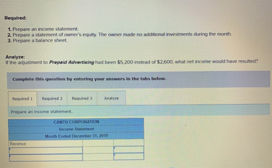 Required: 1. Prepare an income statement. 2. Prepare a statement of owners equity. The owner made no additional investments
