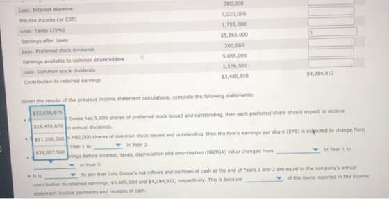 780,000 Less: Interest expense $ Pre-tax income (or EBT) Less: Taxes (25%) Earnings after taxes Less: Preferred stock dividen